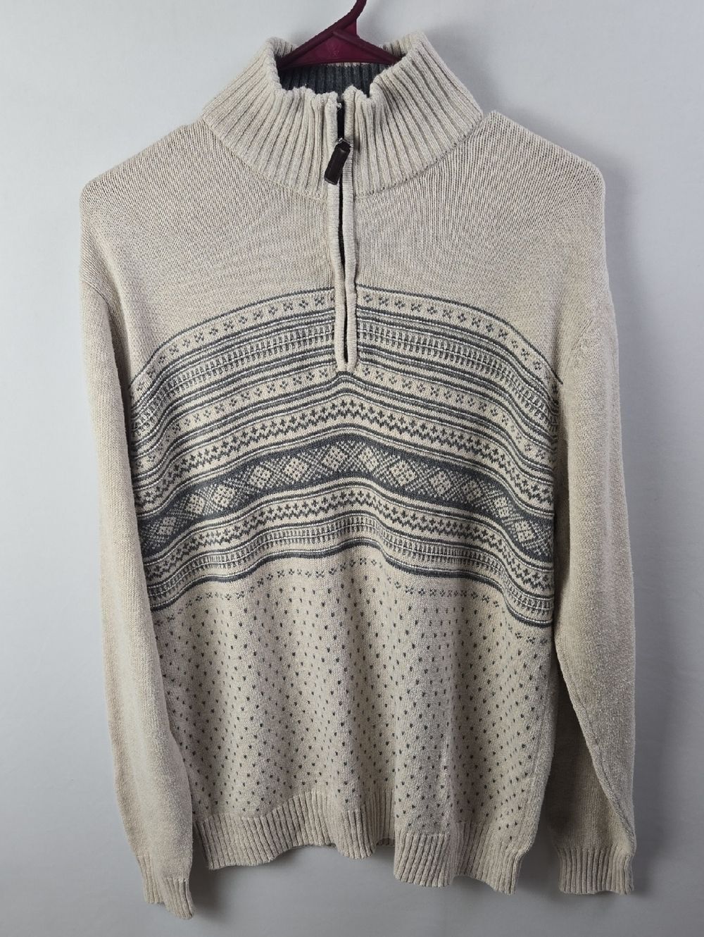 Oscar de la Renta men beige gray half-zip pullover sweater Sz M Fair Isle Nortic